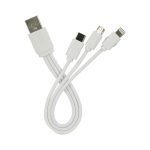 A multi-charge cable in white with a USB connector and multiple charging tips. Features a logo on the connector.