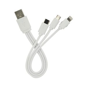 A multi-charge cable in white with a USB connector and multiple charging tips. Features a logo on the connector.