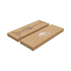 A rectangular recycled kraft tuck box in brown, featuring a logo, measures 170 x 58 x 12 mm.