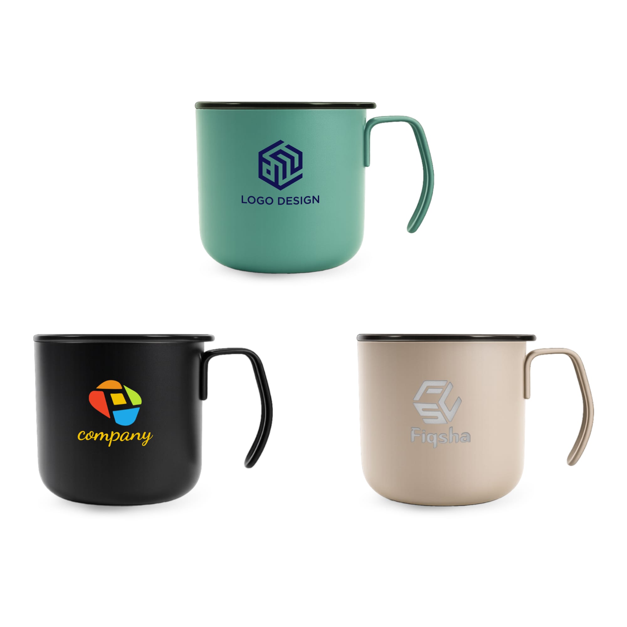 Three stainless steel insulated mugs in teal, black, and beige, each featuring a logo. 350ML Camping Stainless Steel Insulated Mug - Image 1