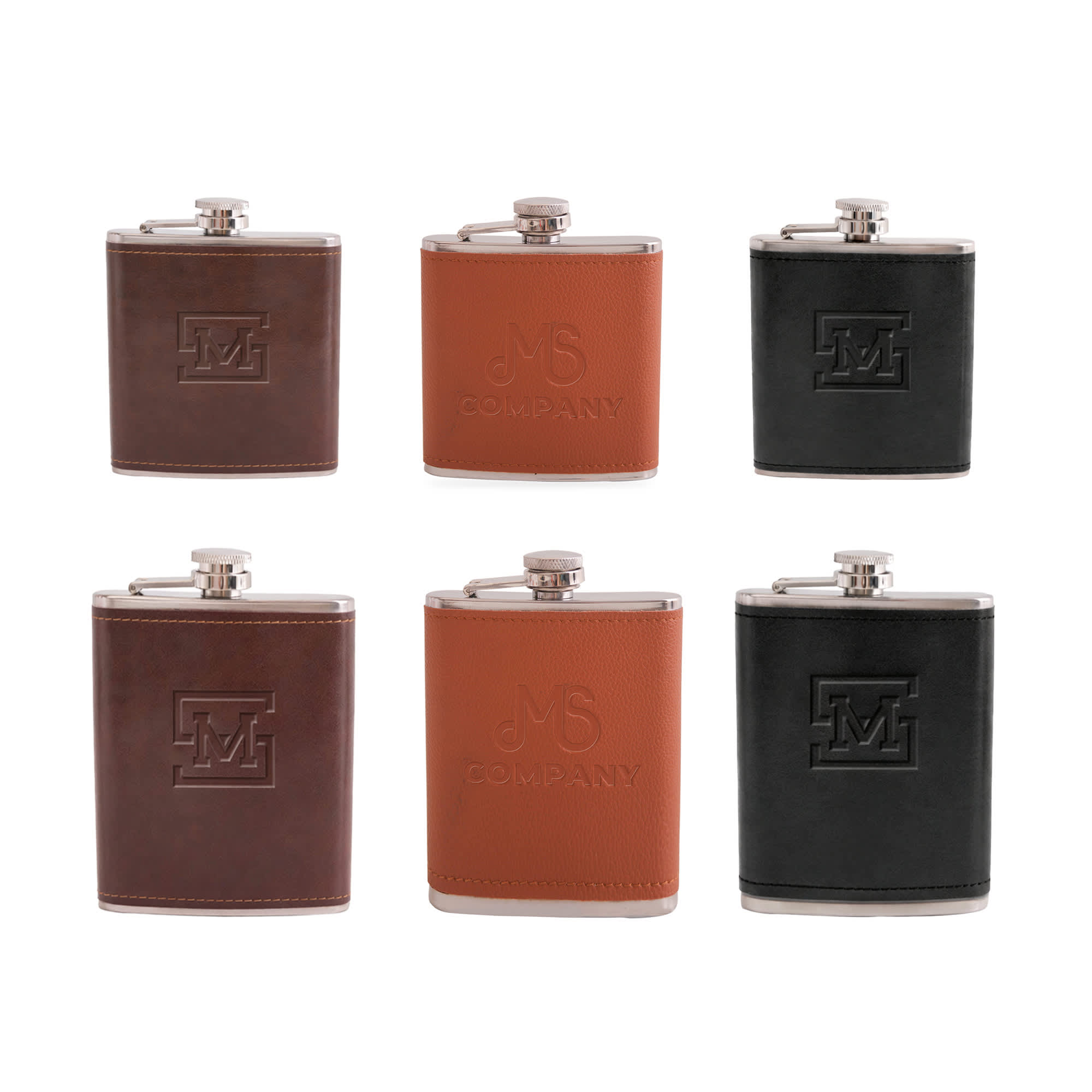 A drink bottle featuring classic hip flasks in brown, tan, and black, with a metallic top and logos. Classic Hip Flask - Image 1