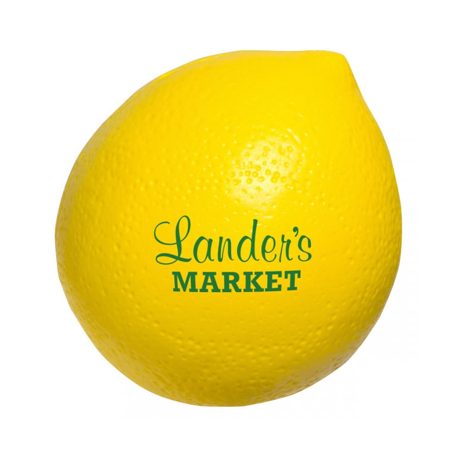 A yellow lemon-shaped stress reliever featuring a logo. The textured surface mimics a real lemon. Lemon Shape Stress Reliever - Image 1