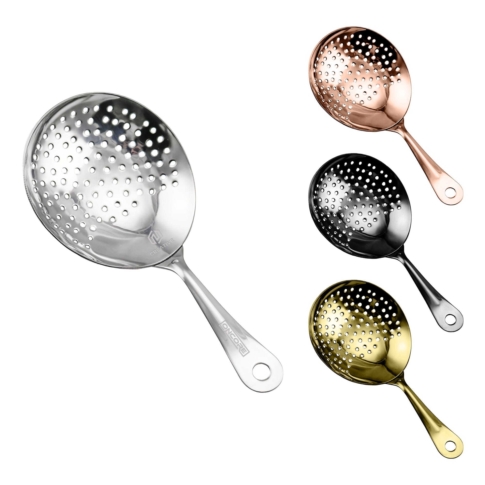 A cocktail strainer featuring four variations in silver, copper, black, and gold finishes, with a perforated design and a handle. Cocktail Strainer - Image 1