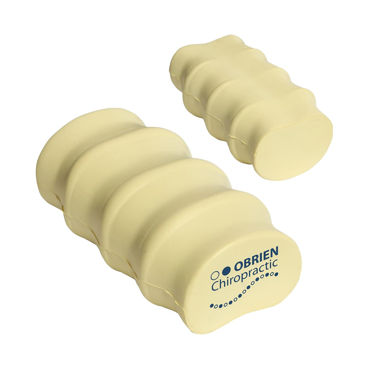 A yellow spine-shaped stress reliever with a branding logo, featuring a curved, segmented design. Spine Shape Stress Reliever - Image 1