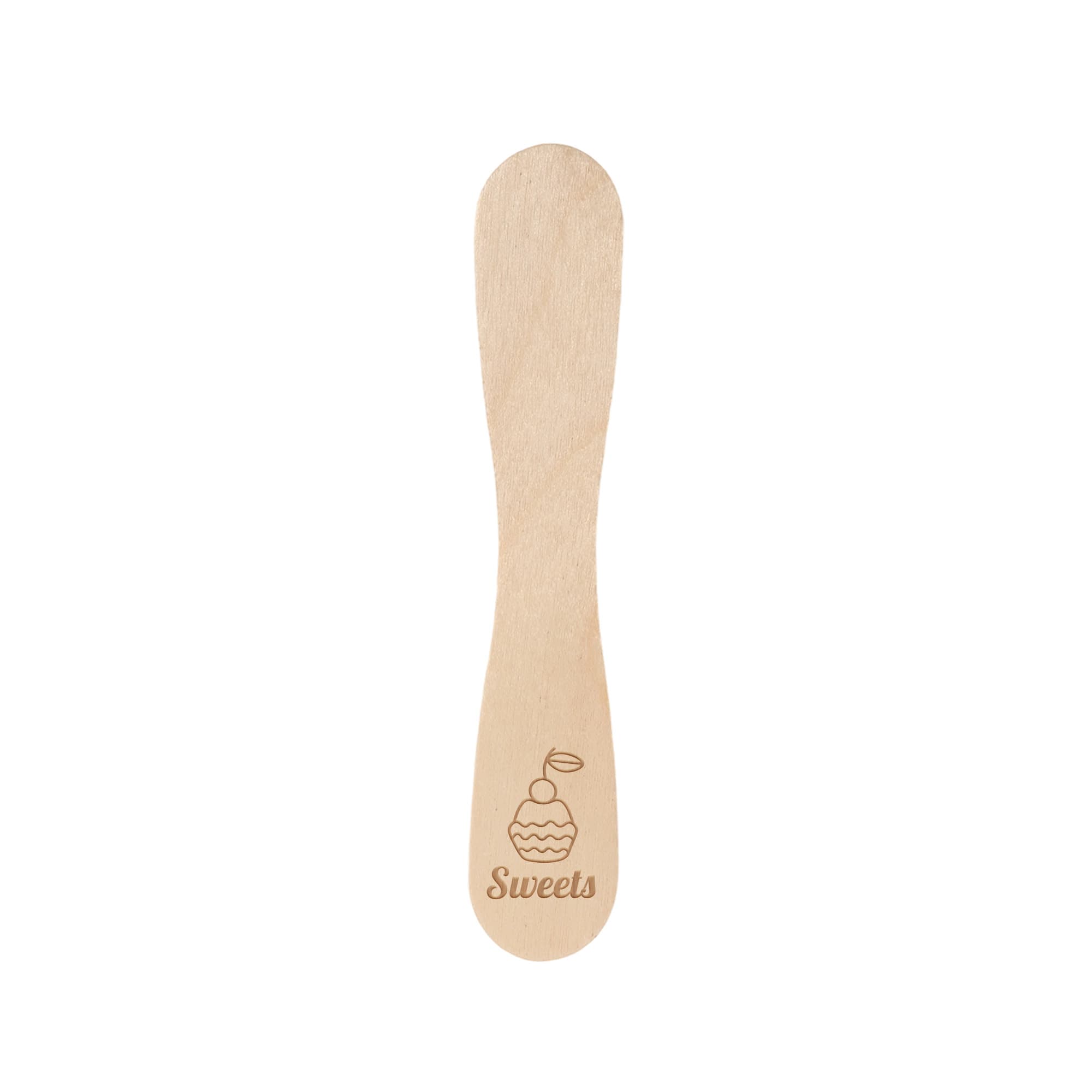 A wooden ice cream spoon stick in natural wood colour, featuring an engraved design and logo. Pack of 100 Wooden Ice Cream Spoons Sticks - Image 1
