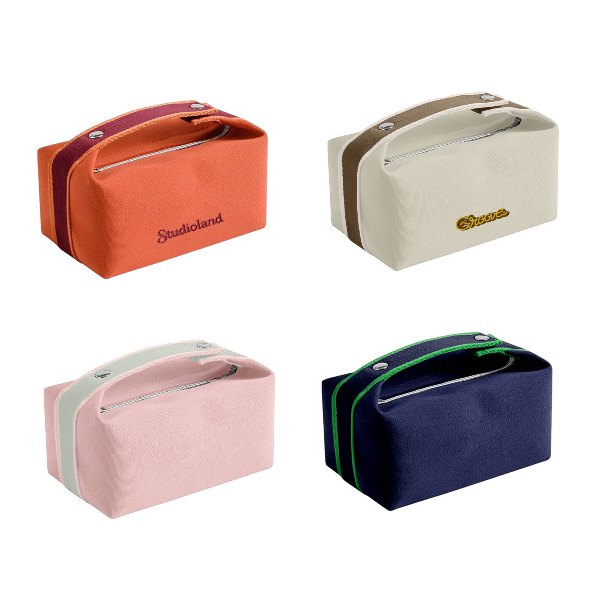A portable canvas cosmetic bag in orange, cream, pink, and navy, featuring zippers and handles. Some have branding. Portable Canvas Cosmetic Bag - Image 1