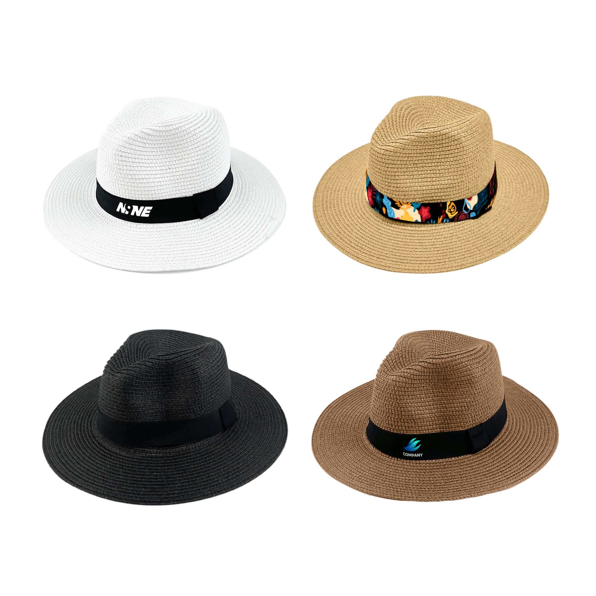 A collection of Panama beach sun hats in white, black, tan, and brown, featuring decorative bands and a logo. Panama Beach Sun Hat - Image 1