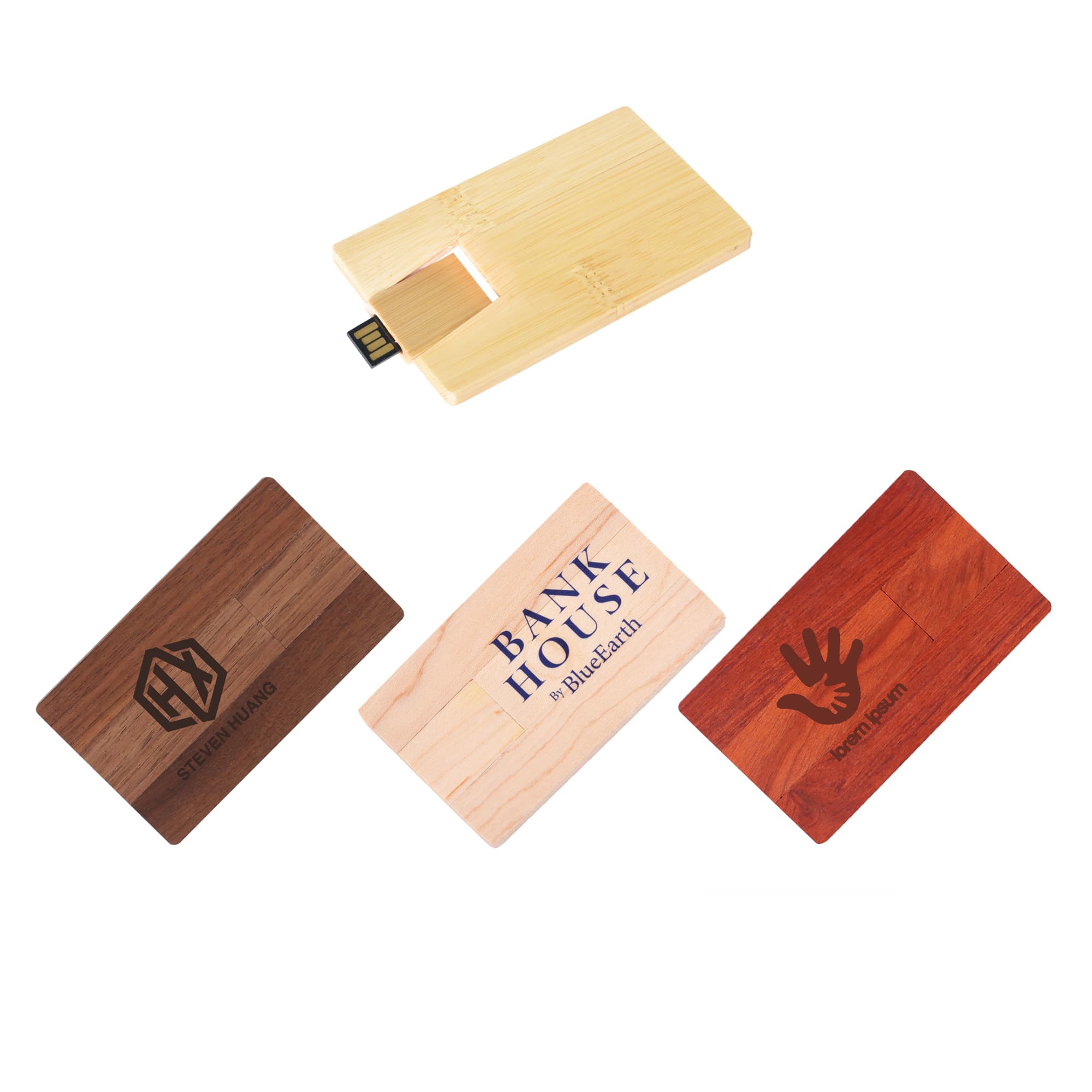 A collection of wooden credit card flash drives in various shades, featuring different designs and a USB connector. Wooden Credit Card Flash Drive - Image 1