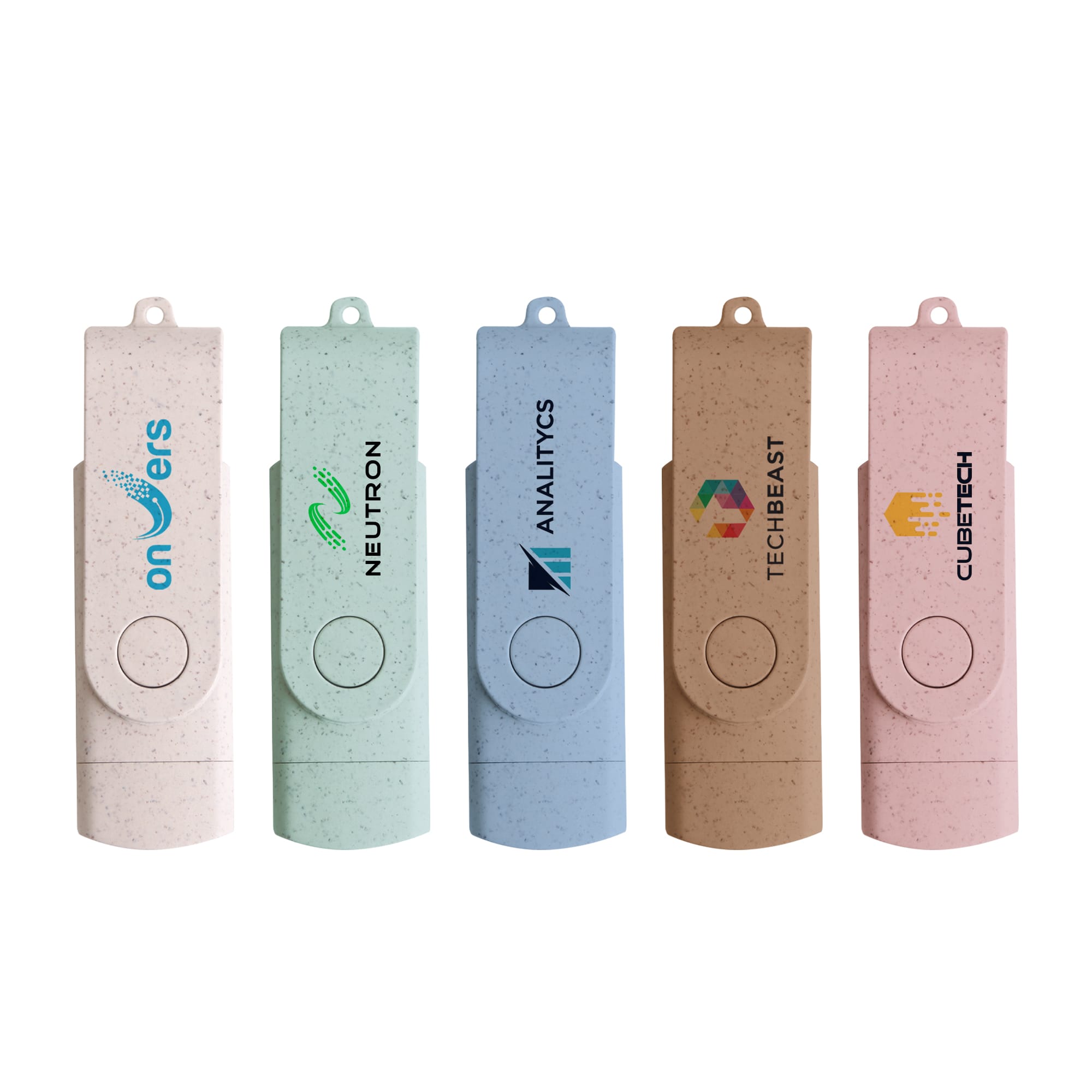 Five double-end eco-friendly Type C flash drives in pastel colours, featuring various logos on each. Double-end Eco Swivel Type C Flash Drive - Image 1