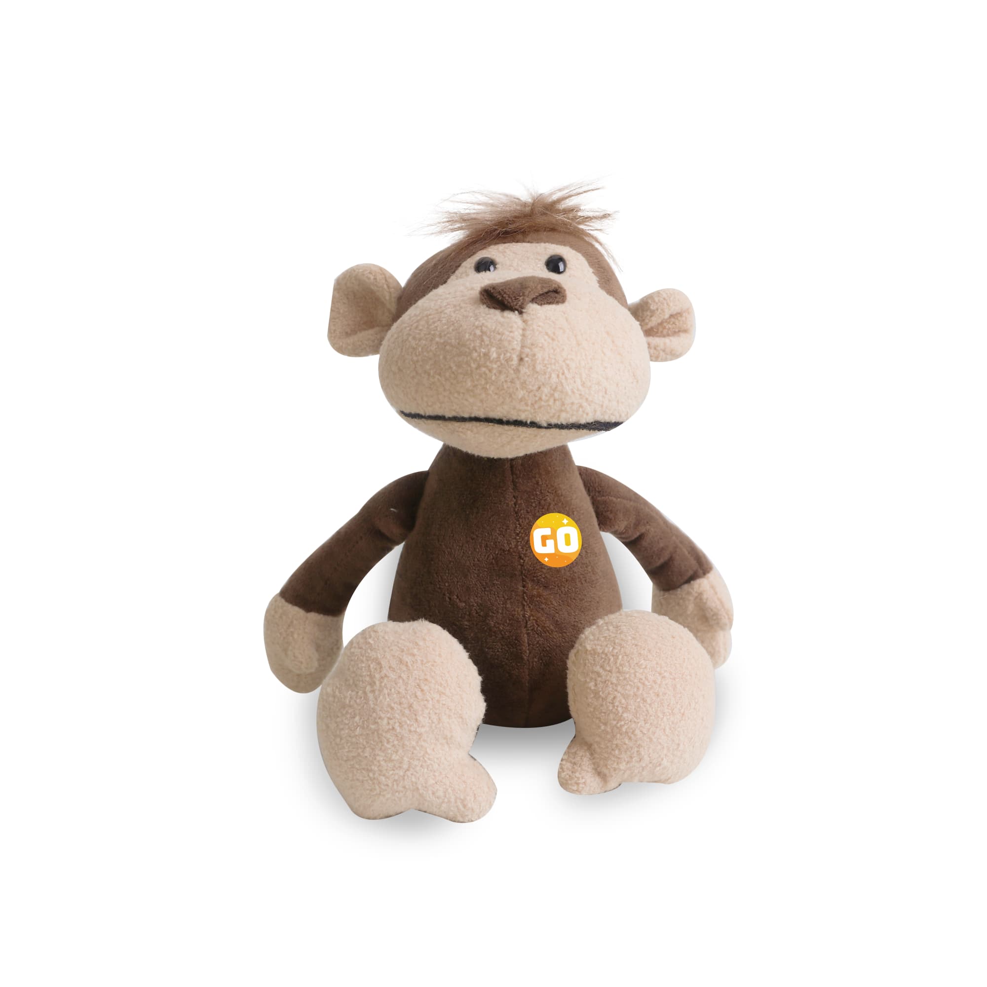 A brown and beige monkey plush toy with a friendly face, featuring a small logo on its chest. Monkey Plush Toy - Image 1