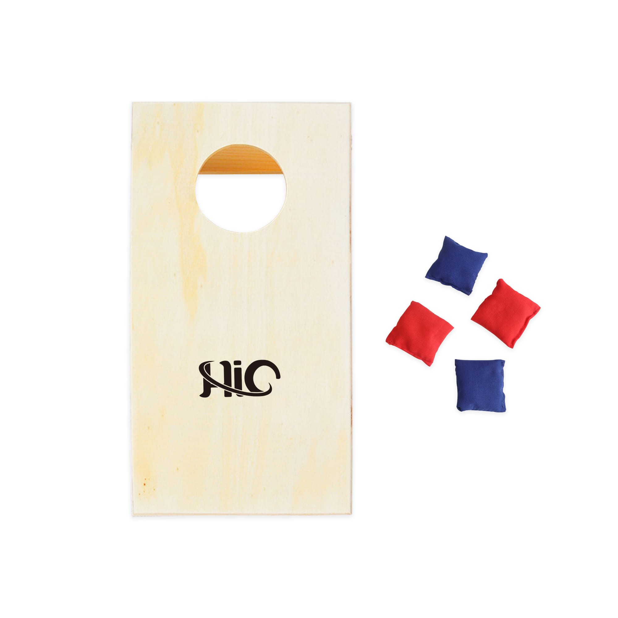 A mini cornhole game board in natural wood with a hole, accompanied by four bean bags in blue and red. Mini Cornhole Game Board - Image 1