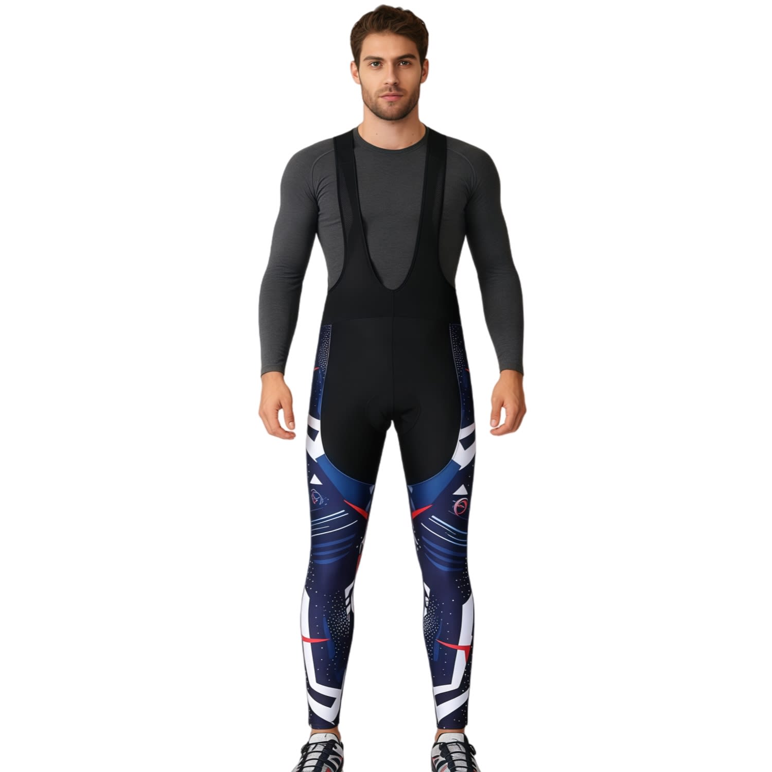 Men's cycling bib tights in navy and black with a subtle patterned design, featuring shoulder straps and a branding logo. Men's Sublimated Cycling Bib Tights - Image 1