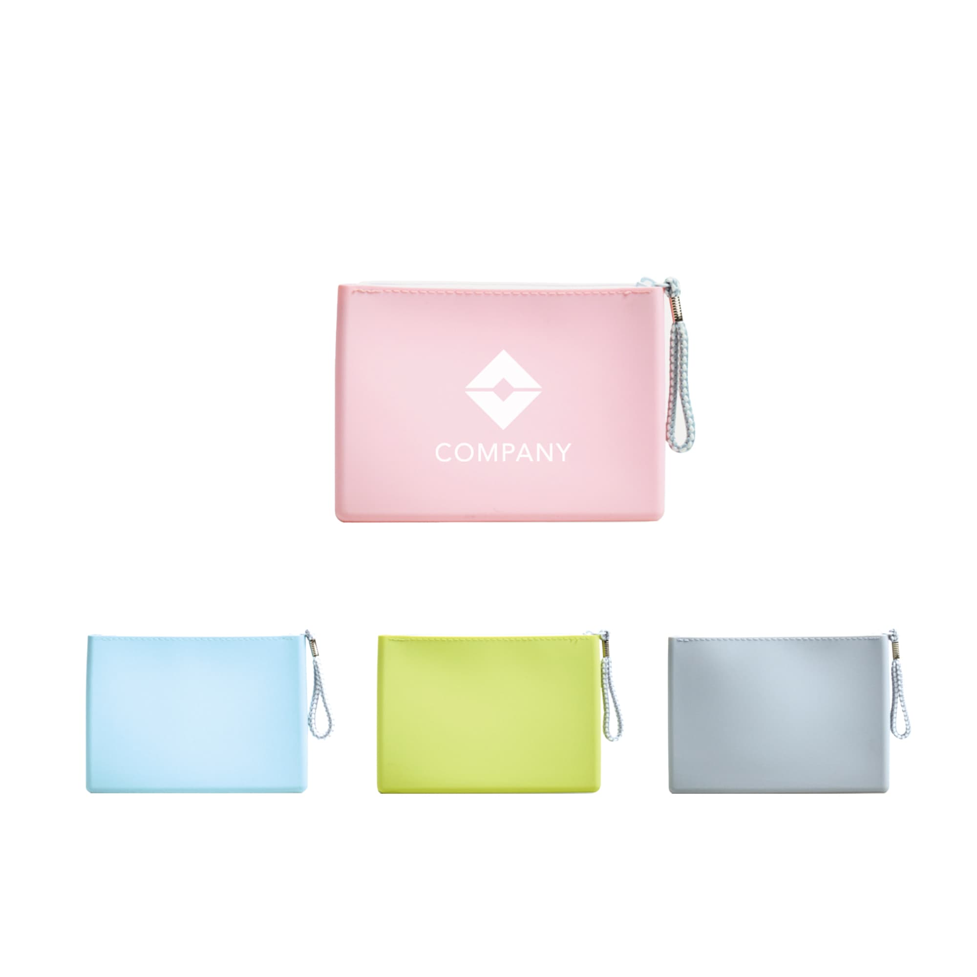 A silicone cosmetic pouch in pink, blue, green, and grey, each featuring a logo. Silicone Cosmetic Pouch - Image 1