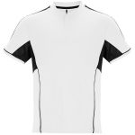 A short-sleeved sports top in white with black accents and a zip collar, featuring a logo on the front.