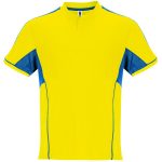 A yellow sports uniform top with blue accents, featuring a collar and short sleeves. It has a logo on the chest.
