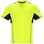A sports uniform shirt in bright yellow with black accents and a short collar, featuring a logo.