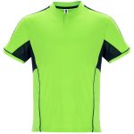 A green sports uniform top featuring navy blue accents and a short collar. It has a logo on the label.