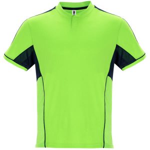 A green sports uniform top featuring navy blue accents and a short collar. It has a logo on the label.