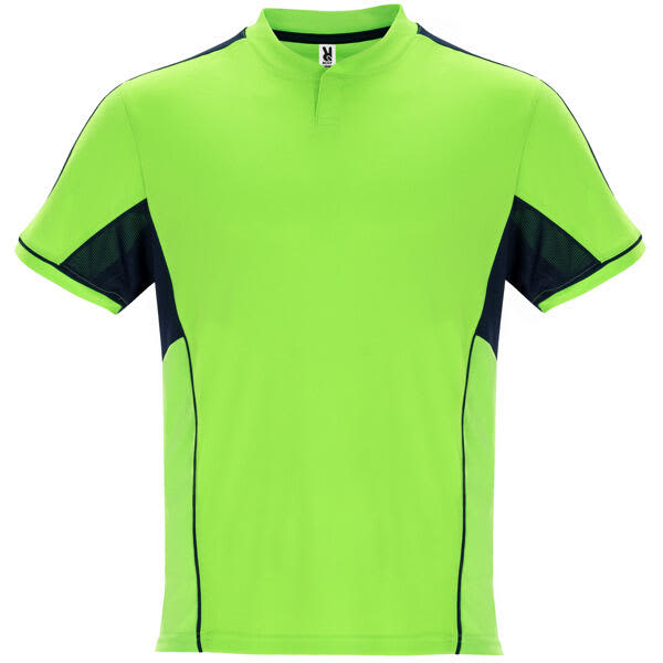 A green sports uniform top featuring navy blue accents and a short collar. It has a logo on the label. A green sports uniform top featuring navy blue accents and a short collar. It has a logo on the label.
