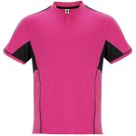 A pink and black sports uniform top featuring a short sleeve design and a logo.