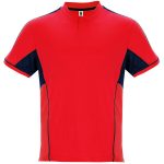 A sports uniform in red and navy, featuring short sleeves and a collar, with a logo on the front.
