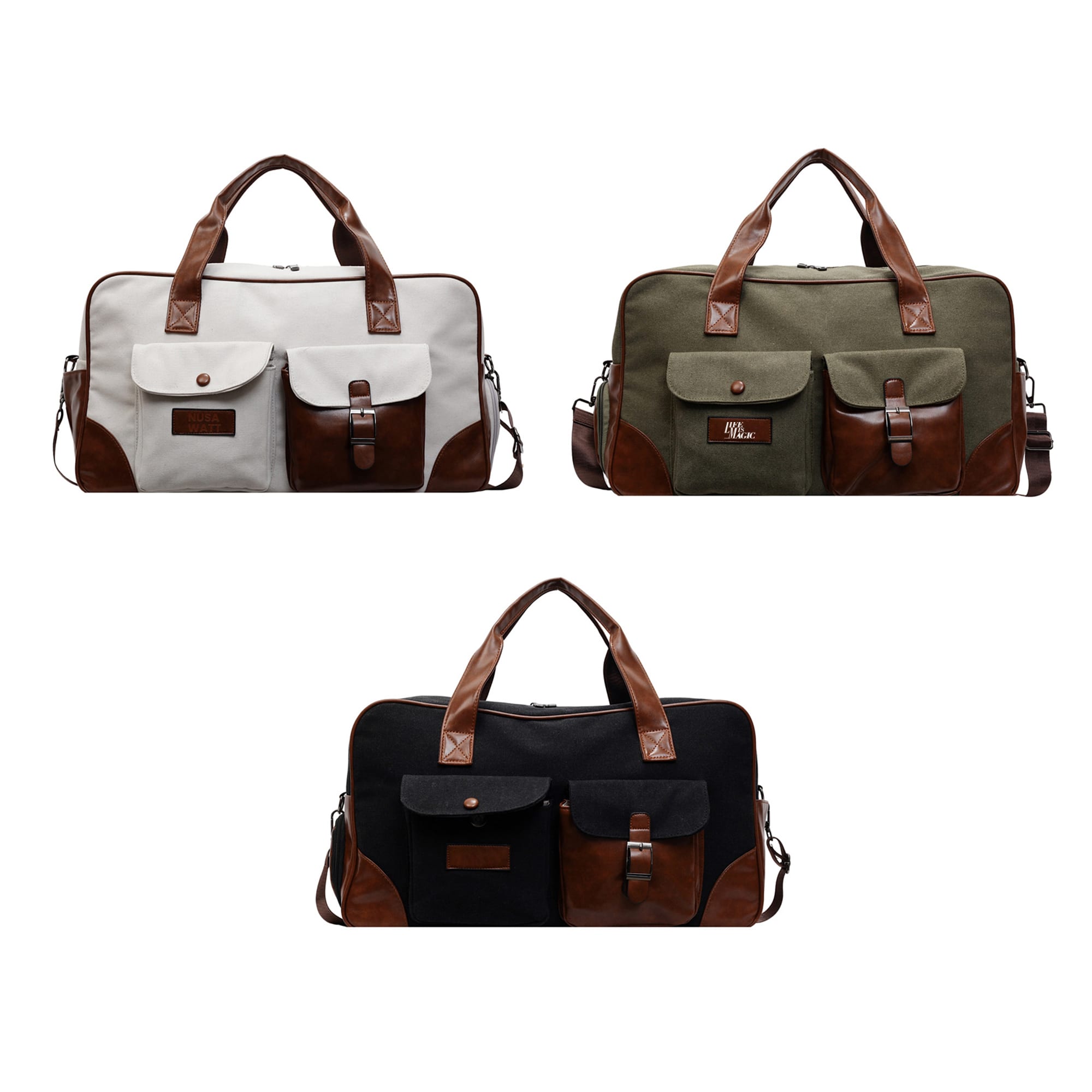 A vintage canvas duffle bag collection featuring grey, olive, and black colours with brown leather accents and pockets. Vintage Canvas Duffle Bag - Image 1