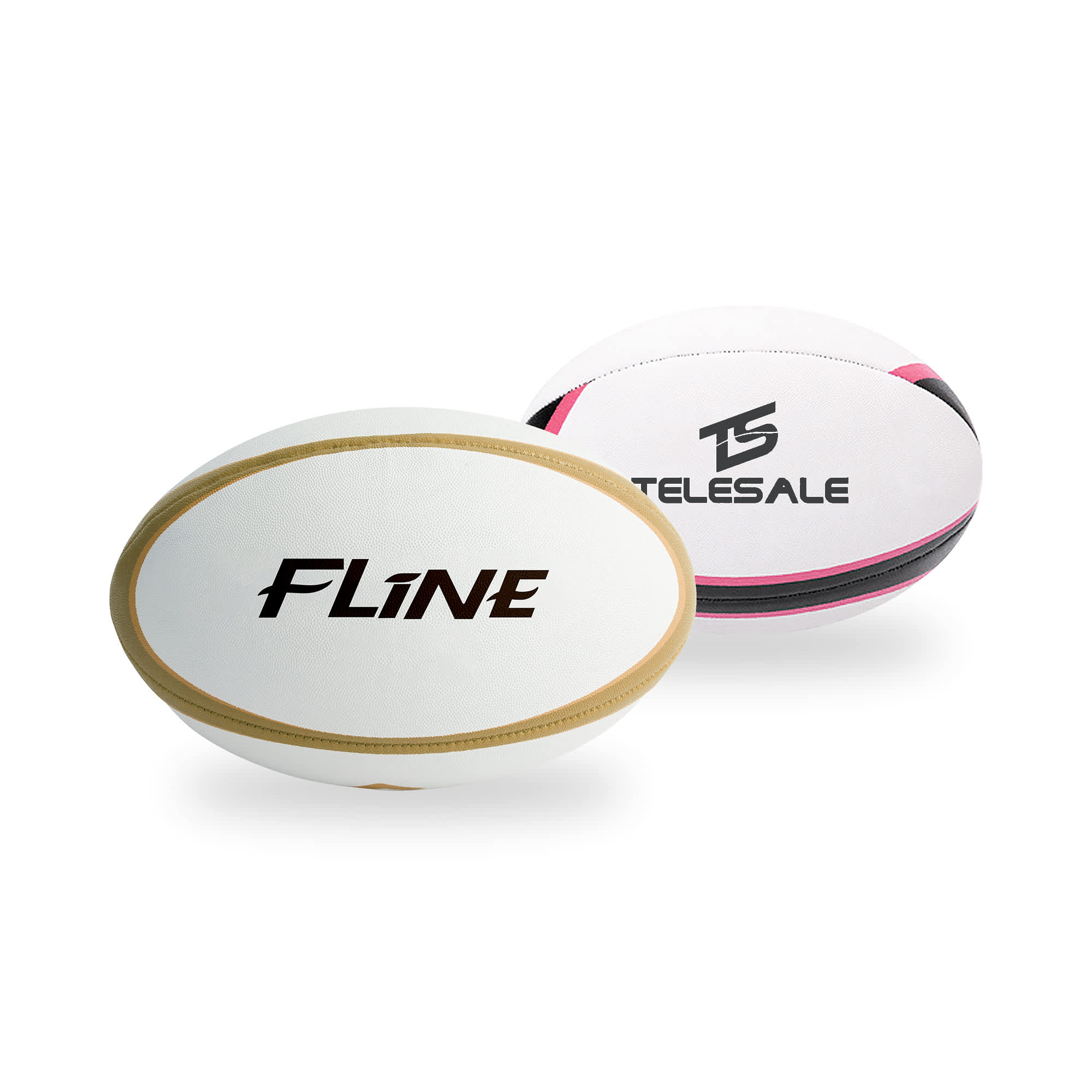 A training rugby ball in white with gold and pink accents, featuring a logo. Two balls are displayed. Training Rugby Ball - Image 1