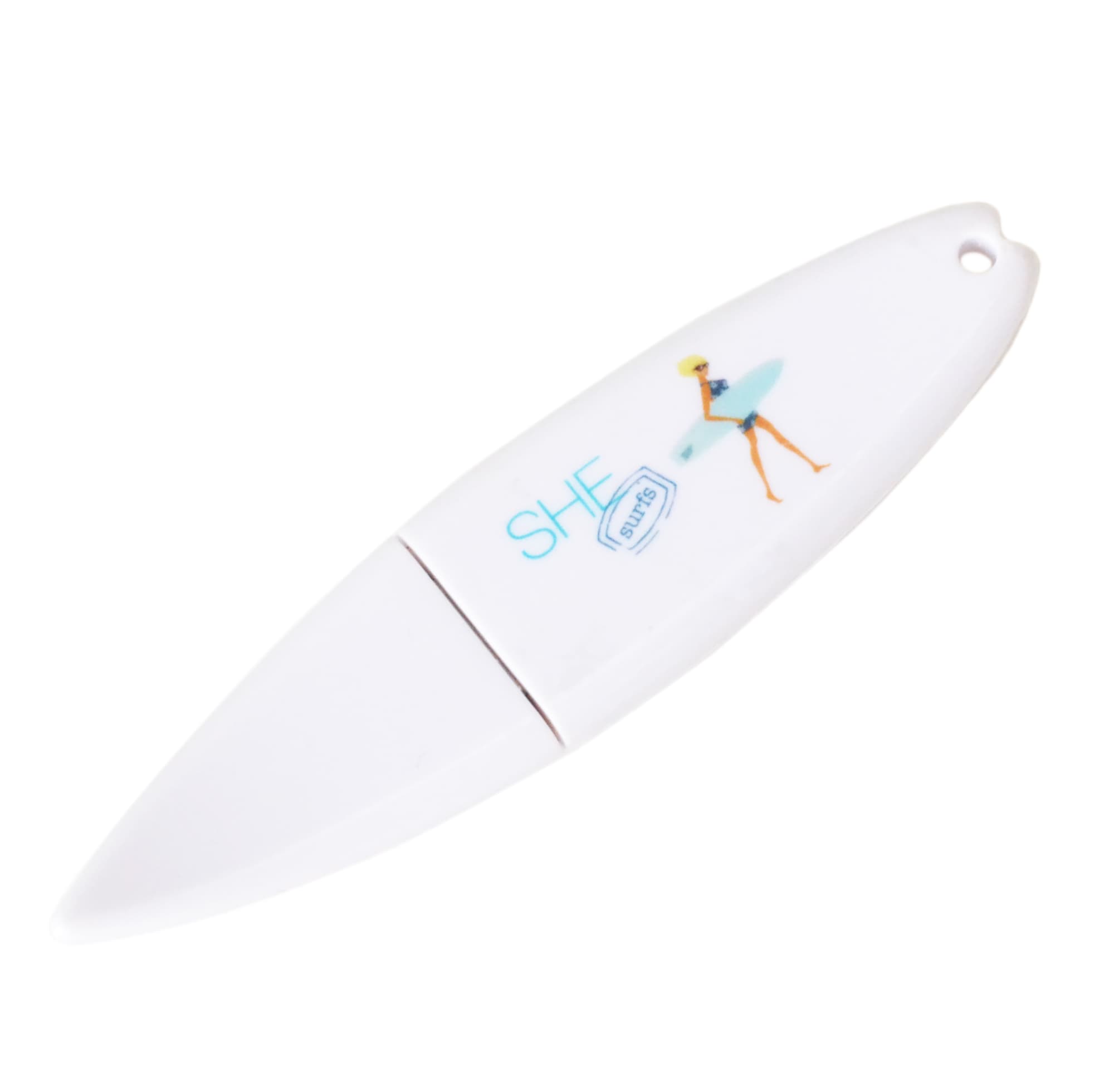 A white surfboard-shaped flash drive with a colourful graphic design and a branding logo. Surfboard Flash Drive - Image 1