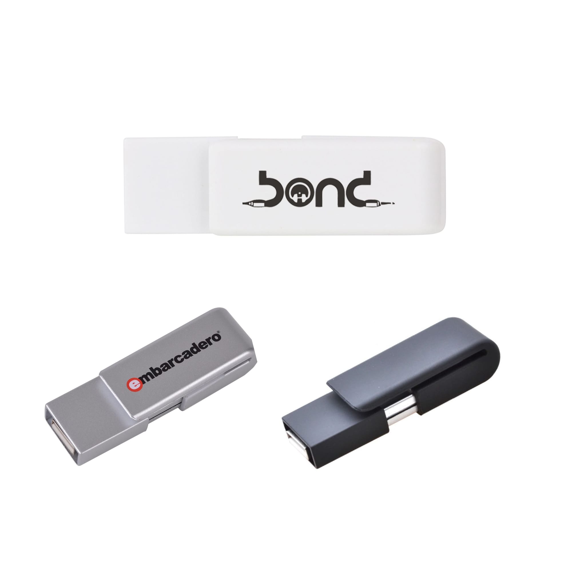 Three flash drives in grey and white, featuring different designs and a logo on one drive. Clip Flash Drive - Image 1