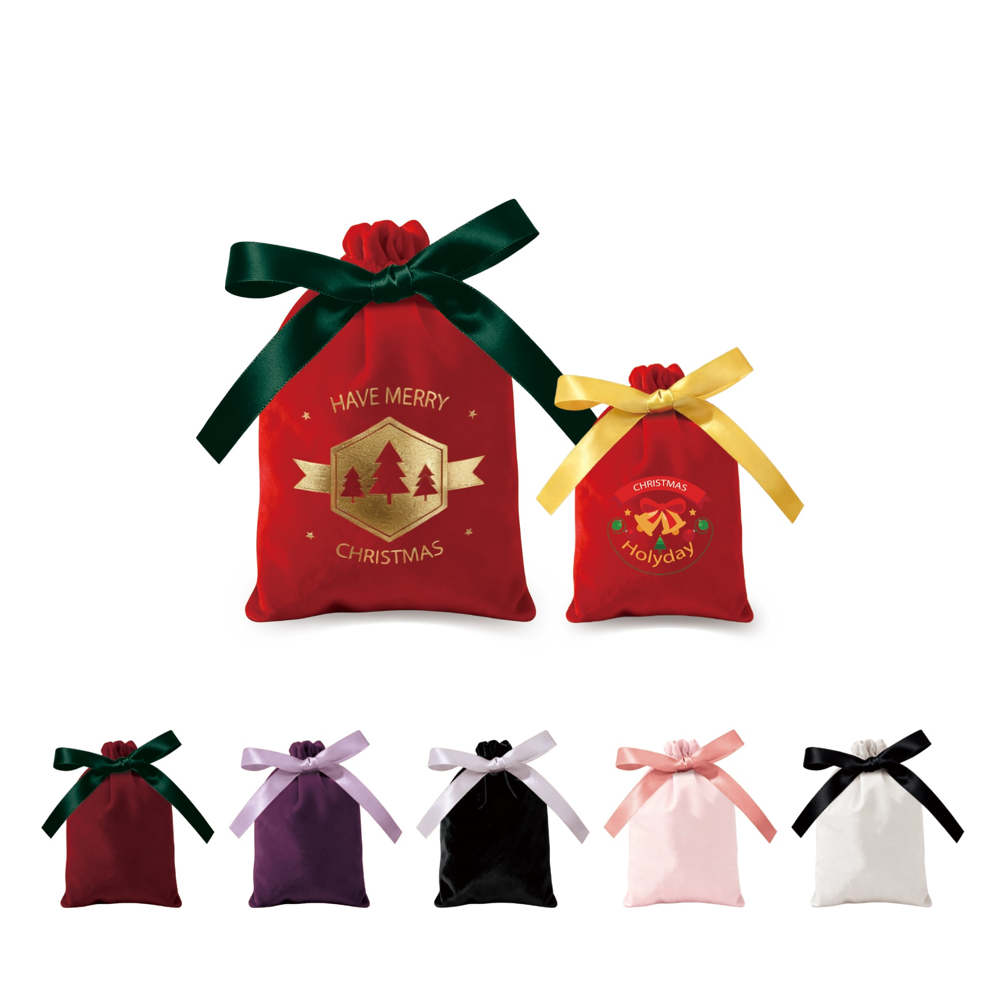 Various drawstring gift bags in red, purple, black, pink, and white with decorative ribbons. Some feature festive designs. Ribbon Drawstring Gift Bags - Image 1