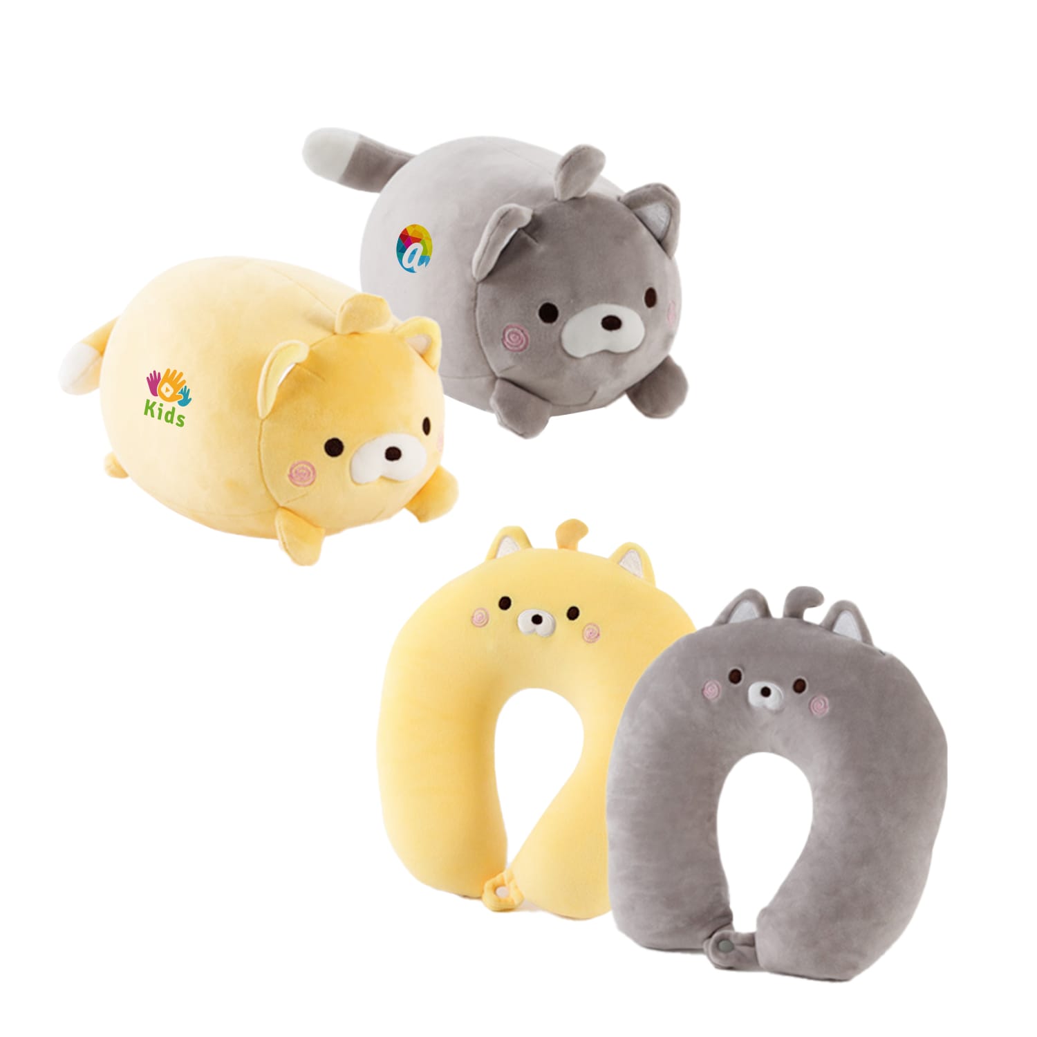 A collection of cat-shaped travel pillows in grey and yellow plush, featuring cute designs and a logo. Cat Shaped 2 In 1 Travel Pillow - Image 1