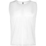 A white sleeveless bib featuring a breathable fabric and a label inside. It has a logo on the side.