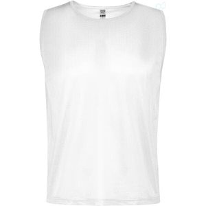 A white sleeveless bib featuring a breathable fabric and a label inside. It has a logo on the side.