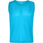 A turquoise sports bib with a sleeveless design and a label inside. It features a simple, solid colour.