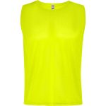 A sleeveless bib sports uniform in bright yellow, featuring a branding logo.