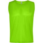 A bright green sleeveless bib with a smooth fabric texture and a label at the neck. It features a logo on the front.