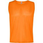 An orange sleeveless bib with a simple design and a logo on the front. Ideal for sports uniforms.
