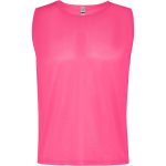 A pink sleeveless sports bib with a round neckline and a logo on the label.