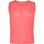 A sleeveless sports bib in vibrant coral colour, featuring a subtle sheen and a logo on the back.