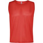 A red sleeveless sports bib made from lightweight mesh fabric, featuring a logo on the front.