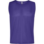 A purple youth sports bib with a sleeveless design and a logo. Suitable for various sports uniforms.