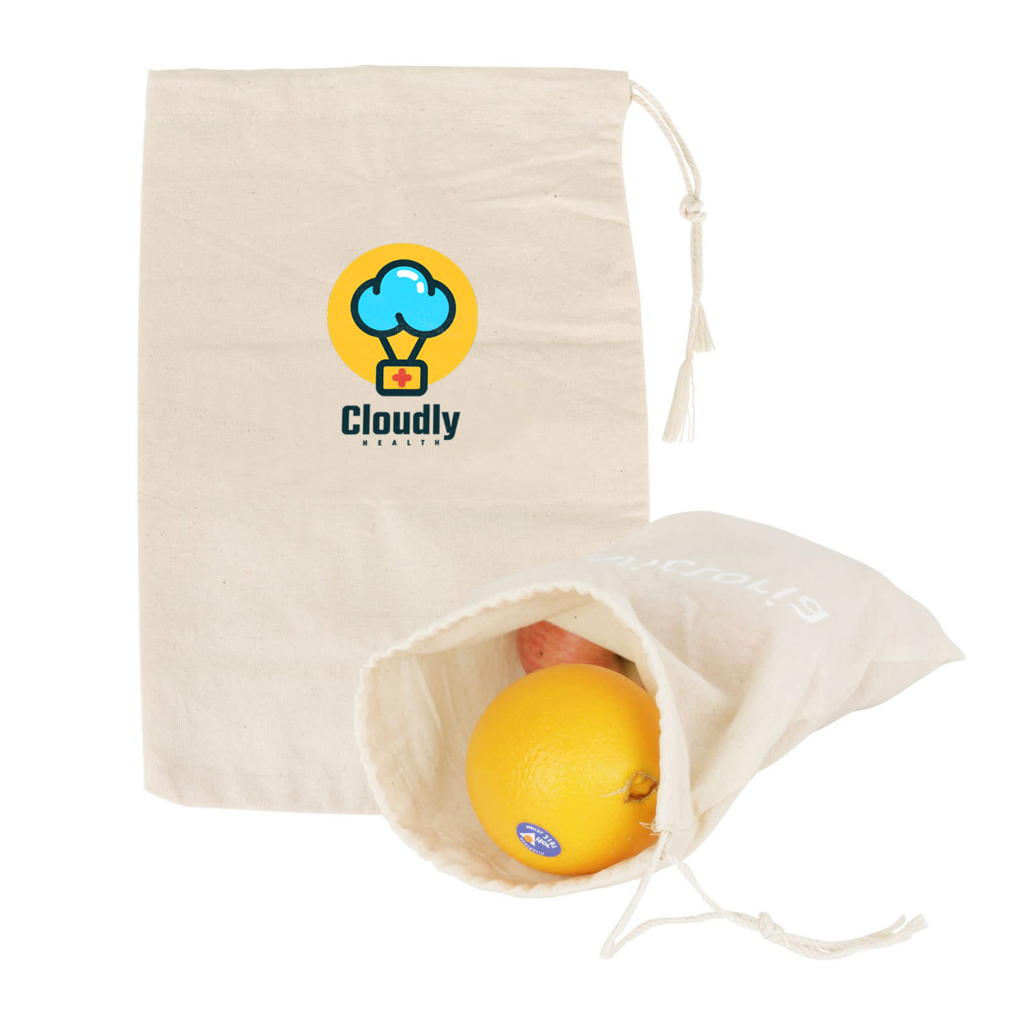 A small cotton produce bag in cream, with an illustrated logo, contained within are assorted fruits. Small Cotton Produce Bag - Image 1