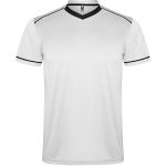 A white sports uniform t-shirt with black accents and a V-neck design. It features a logo on the front.
