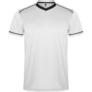 A white sports uniform t-shirt with black accents and a V-neck design. It features a logo on the front.