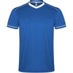 A blue sports uniform top with white accents and a V-neck design, featuring a logo.