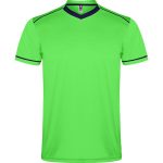 A green sports uniform T-shirt with a V-neck and navy blue trim on the shoulders and sleeves, featuring a logo.