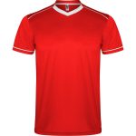 A red sports uniform shirt with a V-neck and white trim, featuring a logo on the neckline.
