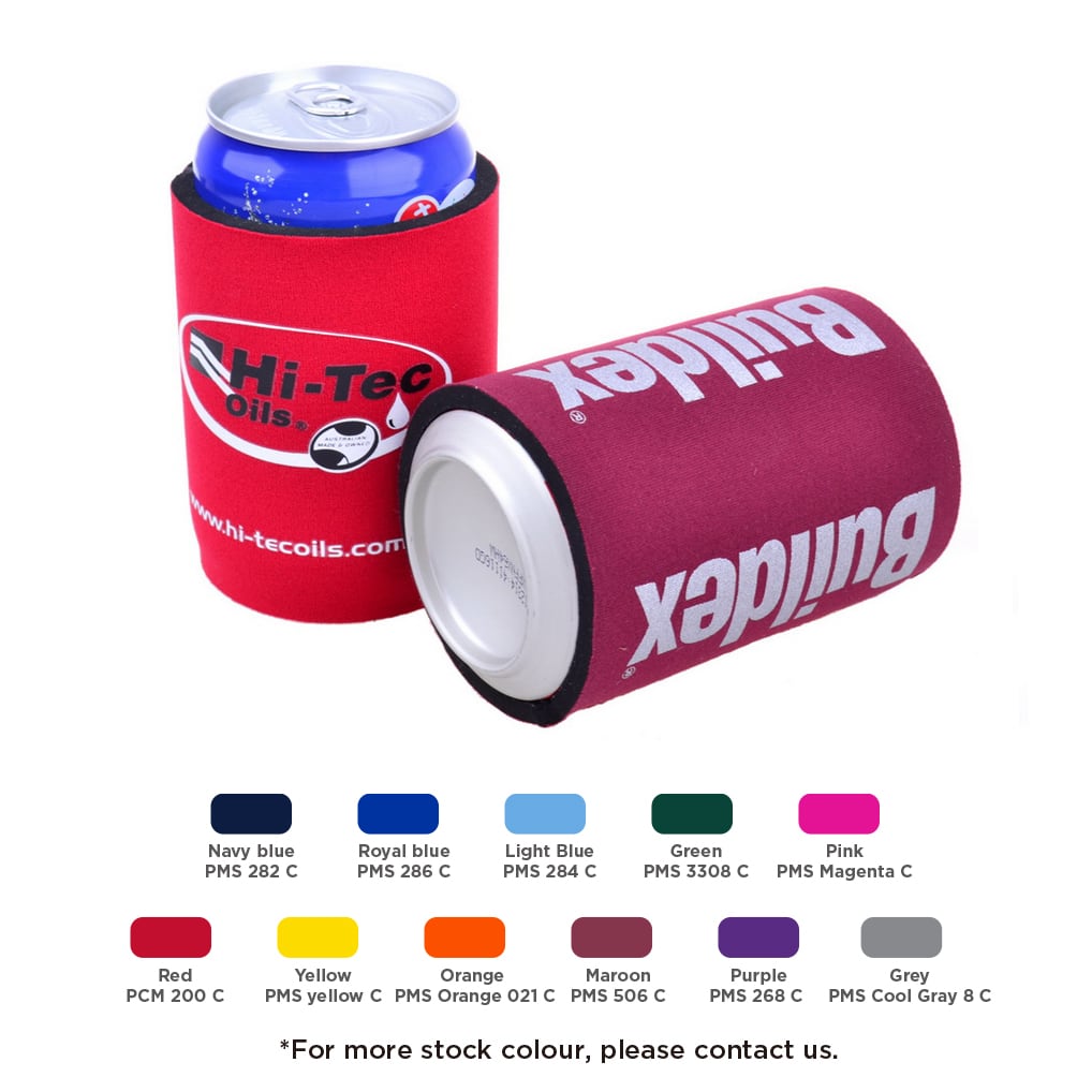 A drink bottle holder featuring red and maroon neoprene, with a logo, designed to keep beverages cool. Baseless Stubby Holder - Image 1