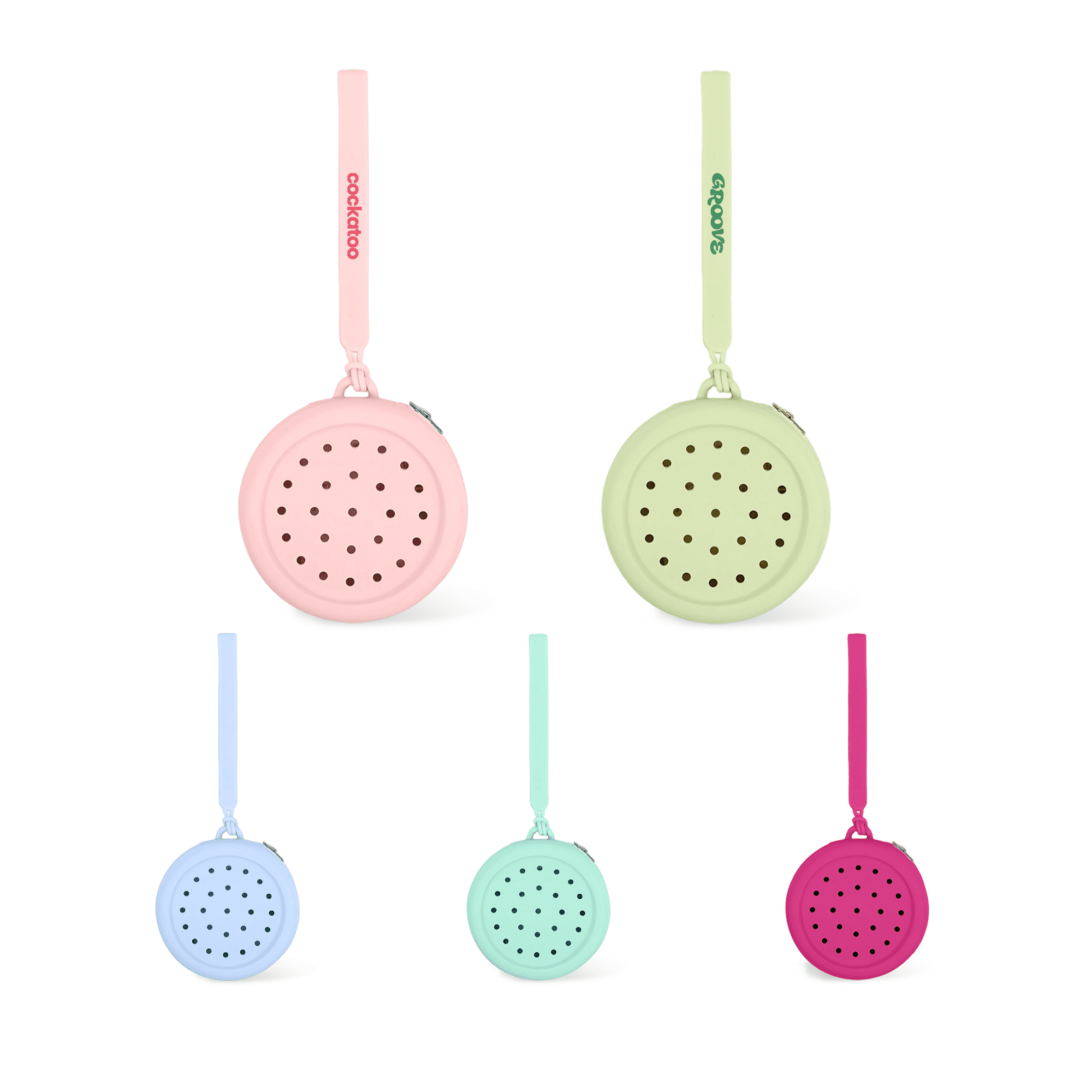 A round silicone pouch featuring holes, available in pastel pink, green, blue, and purple with a strap and a logo. Round Silicone Holes Pouch - Image 1