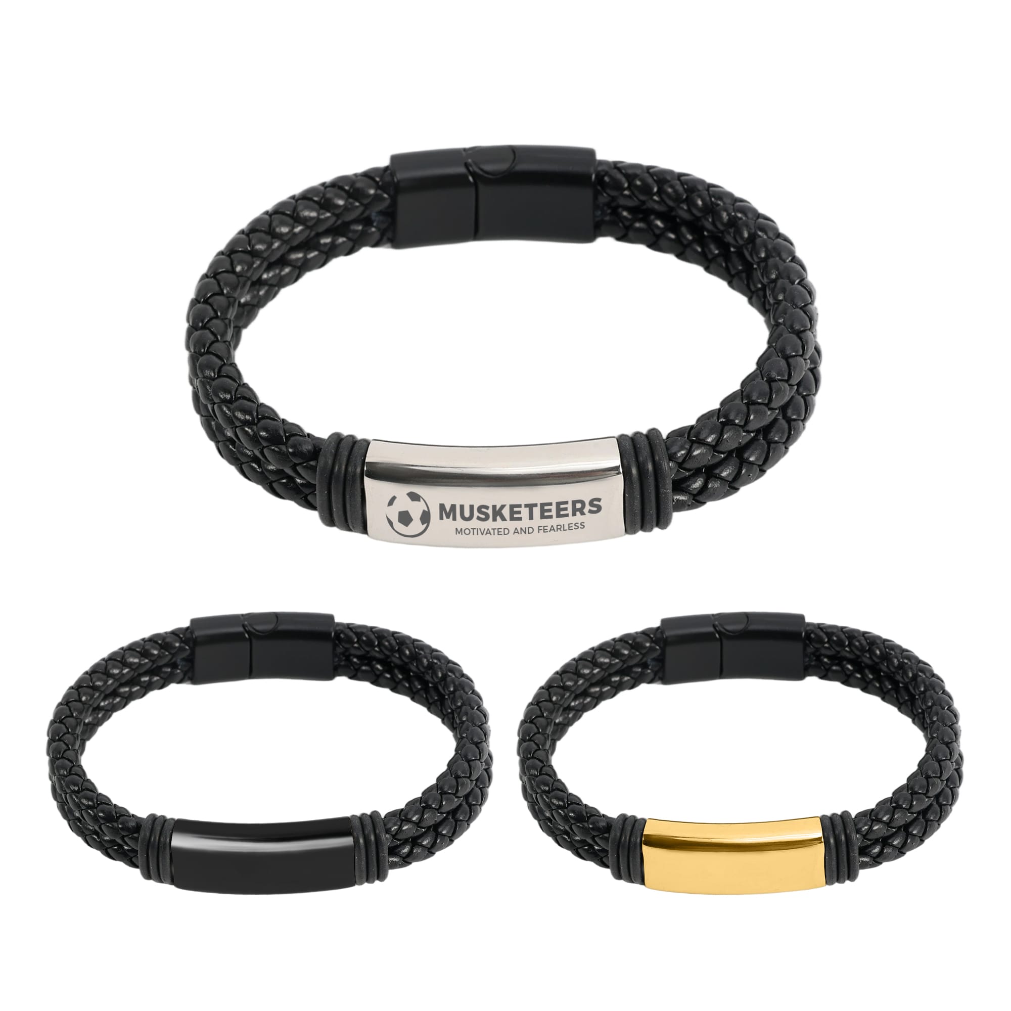 A double-row braided leather bracelet in black, featuring a metal clasp and an engraved logo. Double-row Braided Leather Bracelet - Image 1